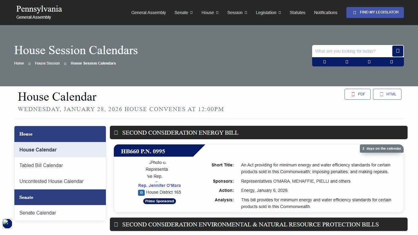 House Session Calendar - PA House of Representatives