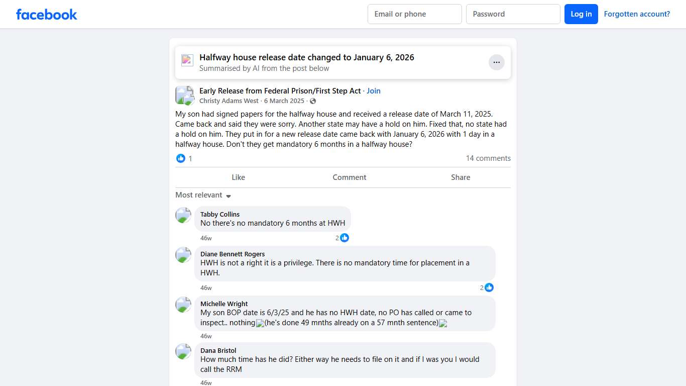 Early Release from Federal Prison/First Step Act My son had signed papers for the halfway house and received a release date of March 11, 2025 Facebook